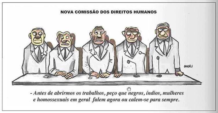 Charge, do cartunista Angeli, sobre a eleição do dep. Pastor Marcos Feliciano para a Comissão de Direitos Humanos e Minorias da Câmara dos Deputados.